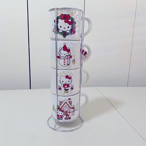 Hello Kitty (Sanrio) Christmas Stacked Ceramic Mugs with Rack - Set of 4. NWT